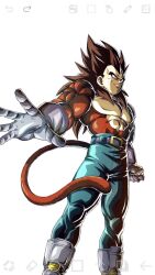  1boy body_fur boots brown_hair commentary_request denim dragon_ball dragon_ball_gt gloves highres jeans long_hair male_focus monkey_boy monkey_tail muscular muscular_male no_nipples pants pectorals red_fur saiyan solo spiky_hair super_saiyan super_saiyan_4 tail vegeta wai_(y48754085) 