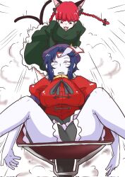  2girls black_hair black_skirt blunt_bangs braid breasts burijittou commentary_request dress emphasis_lines frilled_skirt frills green_dress hat highres jiangshi juliet_sleeves kaenbyou_rin large_breasts long_hair long_sleeves looking_at_another m_legs miyako_yoshika multiple_girls open_mouth puffy_sleeves purple_hat red_hair red_shirt sharp_teeth shirt short_hair short_sleeves side_braids simple_background skirt spread_legs teeth touhou twin_braids upper_teeth_only wheelbarrow white_background 