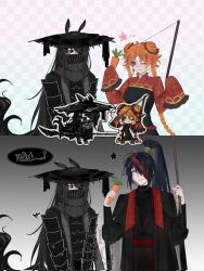 1girl 2boys animal_ears black_coat black_eyes black_hair black_hat black_scarf black_shirt carrot chandes00 coat commentary dress frilled_sleeves frills hands_up hat heishou_pack-wu_branch_(identity)_(project_moon) high_ponytail highres hong_lu_(project_moon) hongyuan_(identity)_(project_moon) horse_ears ishmael_(project_moon) limbus_company long_hair multiple_boys ponytail project_moon red_shrug reference_inset ribbed_dress scarf shirt shrug_(clothing) sleeves_past_fingers sleeves_past_wrists undershirt untranslatable_commentary very_long_hair yi_sang_(project_moon) 