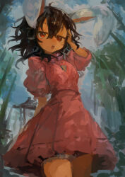  1girl absurdres animal_ears arm_behind_back bamboo bamboo_forest black_hair bloomers carrot_necklace commentary dress forest hair_between_eyes hand_in_own_hair highres inaba_tewi jewelry kaamin_(mariarose753) medium_hair nature necklace outdoors parted_lips pink_dress rabbit_ears rabbit_girl red_eyes short_sleeves solo teeth thighs touhou upper_teeth_only 