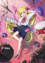  1girl absurdres ahoge bandaid bandaid_on_knee bandaid_on_leg black_nails black_ribbon black_skirt blonde_hair bocchi_the_rock! bow bowtie cd chinese_commentary collared_shirt commentary_request cymbals drum fingernails full_body gotoh_hitori gotoh_hitori_(tsuchinoko) highres ijichi_nijika instrument leg_up long_hair long_sleeves looking_at_viewer microphone_stand nail_polish neck_ribbon pink_background pleated_skirt polka_dot polka_dot_bow polka_dot_bowtie red_bow red_bowtie red_eyes red_shoes ribbon school_uniform shadow shimokitazawa_high_school_uniform shirt shirt_tucked_in shoes side_labret_piercing skirt sneakers socks solo_focus thigh_strap toilet_chicken twitter_username v v_over_head very_long_hair watermark white_shirt white_socks wing_collar 