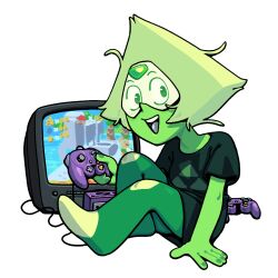  1girl colored_skin controller crt diamond-shaped_hair discount-supervillain face_shield forehead_jewel game_console game_controller gamecube gem_(steven_universe) green_skin holding holding_controller holding_game_controller open_mouth peridot_(steven_universe) sitting smile steven_universe super_mario_bros. the_legend_of_zelda triangle-shaped_hair triforce 