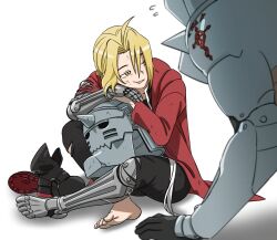  2boys ahoge alphonse_elric armor barefoot black_boots black_gloves black_jacket black_pants blonde_hair boots braid brothers coat commentary edward_elric flying_sweatdrops full_armor fullmetal_alchemist gloves highres holding holding_detached_head horns indian_style jacket long_hair male_focus mechanical_arms mechanical_legs military_uniform multiple_boys okbdko123 own_hands_together pants parted_bangs parted_lips plate_armor prosthesis prosthetic_arm prosthetic_leg red_coat shoulder_spikes siblings single_braid single_horn single_mechanical_arm single_mechanical_leg sitting spikes torn_clothes untranslatable_commentary unworn_boots white_background yellow_eyes 