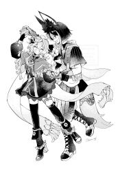  1boy 1girl :d ^_^ ahoge animal_ear_fluff animal_ears arm_up artist_name asymmetrical_sleeves blunt_ends blush bob_cut boots bridal_gauntlets cape capelet capri_pants closed_eyes collei_(genshin_impact) commentary_request crossed_bangs dancing detached_sleeves drawstring dress earrings flower fox_boy fox_ears fox_tail genshin_impact gloves greyscale hair_between_eyes hair_ornament happy high_heel_boots high_heels highres holding_hands hood hood_down hoodie jewelry lace-up_boots long_sleeves looking_at_another medium_hair monochrome mugi_(kyom_ugi) multicolored_hair multicolored_pants open-toe_boots open_mouth pants pouch puffy_detached_sleeves puffy_sleeves sash short_hair short_sleeves simple_background single_earring sleeveless sleeveless_dress smile streaked_hair tail tassel thigh-highs thighlet tighnari_(genshin_impact) twitter_username uneven_sleeves watermark white_background 