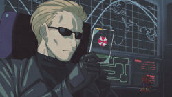  1boy albert_wesker black_gloves black_jacket blonde_hair card commission expressionless figure gloves hair_slicked_back hand_up highres holding holding_card inkerton-kun jacket male_focus map monitor no_eyebrows resident_evil resident_evil_4 second-party_source short_hair solo sunglasses upper_body world_map 