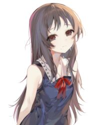  1girl :| aimi_(mimi_nii2) arms_at_sides arms_behind_back bare_arms bare_shoulders black_dress bow bowtie breasts brown_eyes brown_hair character_request closed_mouth collared_shirt contrast_collar dress eyes_visible_through_hair from_above hashtag-only_commentary highres jujutsu_kaisen long_hair long_sidelocks looking_at_viewer looking_up mole mole_under_mouth raised_inner_eyebrows red_bow red_bowtie red_pupils shirt short_bangs sidelighting sidelocks simple_background sleeveless sleeveless_dress small_breasts solo standing straight_hair tareme upper_body very_long_hair white_background 