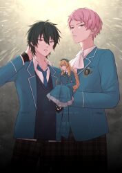  2boys blazer blonde_hair blue_eyes blue_jacket blue_necktie buttons clenched_teeth closed_mouth collared_shirt commentary_request ensemble_stars! green_necktie grey_hair hair_between_eyes hand_up heterochromia highres itsuki_shu jacket kagehira_mika lapels layered_clothes long_hair long_sleeves looking_at_viewer mademoiselle_(ensemble_stars!) male_focus multiple_boys necktie notched_lapels open_clothes open_collar open_jacket pants parted_lips pink_hair plaid_clothes plaid_pants pocket school_uniform shirt short_bangs short_hair takahashi_(muoo_25) teeth v-neck valkyrie_(ensemble_stars!) vest violet_eyes watermark wing_collar yellow_eyes yumenosaki_school_uniform 