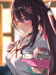  1girl alternate_costume asymmetrical_sidelocks azki_(hololive) bag belt_collar black_collar black_hair blue_scrunchie blush braid breasts buttons candy chocolate chocolate_bar collar colored_inner_hair commentary_request double-parted_bangs embarrassed food frilled_sleeves frills gyaru hair_between_eyes hair_ornament hairclip half_up_half_down_braid handbag heart_pendant highres holding holding_candy holding_food hololive incoming_food long_hair looking_at_viewer loose_neck_ribbon medium_breasts mole mole_under_eye multicolored_hair nail_polish neck_ribbon nervous_sweating overexposure pink_hair pink_nails pink_streaks ponytail ribbon scrunchie shara_(syara_so_ju) shirt short_ponytail sidelighting sidelocks solo strawberry_chocolate streaked_hair sunset sweat twilight valentine very_long_hair violet_eyes virtual_youtuber white_shirt white_streaks wrist_scrunchie yellow_background 