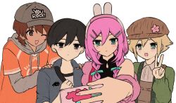  1girl 3boys :d :| ;d animal_ear_headphones animal_ears aqua_bow aqua_eyes aqua_nails aubrey_(birthday)_(omori) aubrey_(faraway)_(omori) aubrey_(omori) baseball_cap basil_(birthday)_(omori) basil_(faraway)_(omori) basil_(omori) black_bag black_eyes black_hair black_shirt black_trim blonde_hair blue_jacket blush bow braid brown_eyes brown_hair brown_hat brown_overalls buttons cardigan cardigan_partially_removed closed_mouth clothes_writing clothing_cutout collared_jacket collared_shirt commentary_request dark-skinned_male dark_skin dot_nose double-parted_bangs english_text expressionless fake_animal_ears film_grain fingernails flat_color flipped_hair flower foreshortening green_cardigan grey_hat grey_hoodie grey_shirt hair_behind_ear hair_between_eyes hair_bow hair_ornament hairclip hand_on_own_chest hand_up hands_on_another's_shoulders hands_up hat hat_flower headphones hector_(omori) highres holding holding_phone hood hood_down hoodie jacket kel_(birthday)_(omori) kel_(faraway)_(omori) kel_(omori) layered_sleeves long_hair long_sleeves looking_at_viewer low_side_ponytail low_twin_braids mewo multicolored_nails multiple_boys nail_polish newsboy_cap official_alternate_costume omori one_eye_closed open_cardigan open_clothes open_jacket open_mouth orange_shirt overalls parallel_hairclips phone pink_cardigan pink_flower pink_nails puffy_long_sleeves puffy_sleeves rabbit_ear_headphones rabbit_ears reaching reaching_towards_viewer selfie shirt short-sleeved_jacket short_hair short_over_long_sleeves short_side_ponytail short_sleeves side-by-side side_ponytail sidelocks simple_background single_bare_shoulder sleeveless sleeveless_shirt smile straight-on sunny_(birthday)_(omori) sunny_(omori) tareme true_erg tsurime twin_braids upper_body v very_short_hair white_background yellow_nails 