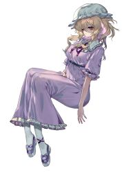  1girl blonde_hair bow breasts brown_eyes collared_dress commentary_request contrast_collar dress expressionless footwear_bow frilled_dress frills from_side full_body hand_on_own_stomach hat highres leggings long_hair maribel_hearn mary_janes medium_breasts mob_cap muraryo neck_ribbon purple_dress purple_shoes red_ribbon ribbon shaded_face shoes short_sleeves simple_background sitting sleeve_garter solo touhou white_background white_hat white_leggings white_shoes 
