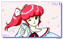  1990s_(style) 1girl akazawa_kanji artist_name bad_id blue_eyes blue_shirt bow bowtie collarbone dated hair_bow head_tilt index_finger_raised lipstick looking_at_viewer makeup medium_hair one_eye_closed original pc-98_(style) portrait puffy_sleeves red_bow red_bowtie red_hair red_lips retro_artstyle sailor_collar shirt side_ponytail solo white_bow white_sailor_collar 