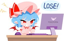  1girl artist_request bat_wings blue_hair clenched_teeth collared_shirt computer_keyboard computer_mouse desk english_text frilled_shirt_collar frills game_cg hat hat_ribbon medium_hair mob_cap monitor non-web_source official_art pink_hat pink_shirt pink_skirt pointy_ears puffy_short_sleeves puffy_sleeves red_eyes remilia_scarlet ribbon self-datamine shirt short_sleeves skirt solo teeth tohotopia touhou transparent_background wings wrist_cuffs 
