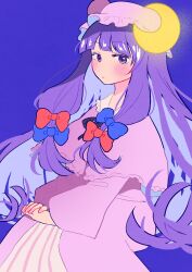  1girl absurdres blue_bow blush booonyanyanya bow capelet closed_mouth commentary crescent crescent_hat_ornament dress hair_bow hat hat_ornament highres long_hair long_sleeves looking_at_viewer mob_cap multiple_hair_bows one-hour_drawing_challenge own_hands_together patchouli_knowledge pink_capelet pink_dress purple_background purple_hair red_bow simple_background solo striped_clothes striped_dress touhou vertical-striped_clothes vertical-striped_dress very_long_hair violet_eyes wide_sleeves 