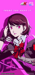  1girl absurdres all-out_attack armband arrow_(projectile) atlus black_jacket bow bow_(weapon) bowtie cardigan cardigan_under_jacket choker collared_shirt company_name copyright_name earrings english_text gekkoukan_high_school_uniform gloves gradient_background heart heart_choker highres holding holding_arrow holding_bow_(weapon) holding_weapon hood hooded_jacket jacket jewelry long_sleeves looking_at_viewer official_art official_wallpaper partially_fingerless_gloves persona persona_3 persona_3_reload persona_5 persona_5:_the_phantom_x piercing pink_background pink_cardigan pink_eyes pink_theme quiver red_armband ribbed_cardigan s.e.e.s school_uniform sega shimada_azusa shirt short_hair single_glove smile solo stud_earrings takeba_yukari third-party_source weapon white_choker white_shirt yugake 