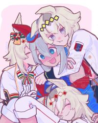  4girls :d :t @_@ ahoge animal_ears arms_around_neck bell belt belt_buckle black_pants black_trim blue_eyes blue_hairband blue_jacket blue_shirt blush bow bowtie buckle center_frills cheek_press clone_harem closed_eyes closed_mouth commentary diamond_hairband double-parted_bangs ear_bow ear_covers english_commentary english_text facing_another facing_down fang feet_out_of_frame fingernails frills front-to-back gloves grey_belt grey_hair grey_streaks hair_bell hair_between_eyes hair_ornament hairband hand_on_another's_shoulder hand_on_own_arm head_rest heads_together highres horse_ears horse_girl hug hug_from_behind jacket jacket_partially_removed kiss kissing_cheek kkayy39 knees_up lap_pillow leaning_forward leaning_on_person lightning_bolt_print long_hair long_sleeves midriff_peek multicolored_bow multicolored_bowtie multicolored_hair multicolored_hairband multicolored_jacket multiple_girls multiple_persona necktie no_nose nose_blush oguri_cap_(ashen_miracle)_(umamusume) oguri_cap_(starlight_beat)_(umamusume) oguri_cap_(umamusume) open_clothes open_jacket open_mouth pants pink_background print_shirt red_hairband red_jacket red_necktie shirt sitting sleeveless sleeveless_shirt smile streaked_hair striped_bow striped_bowtie striped_clothes striped_hairband tamamo_cross_(fast_as_lightning)_(umamusume) tamamo_cross_(umamusume) twitter_username two-tone_background two-tone_hair two-tone_hairband two-tone_jacket umamusume wavy_mouth white_background white_gloves white_hairband white_jacket white_pants white_shirt yellow_hairband yellow_trim yuri 