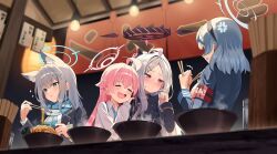  4girls ^_^ ahoge ako_(blue_archive) anger_vein animal_ear_fluff animal_ears aqua_halo aqua_necktie aqua_scarf armband belt black_belt black_gloves black_halo black_jacket blazer blue_archive blue_eyes blue_halo blurry blush bowl breasts chopsticks clenched_hand clenched_teeth closed_eyes collared_shirt commentary_request demon_girl demon_horns depth_of_field extra_ears fang food forehead gabuchi gloves hair_between_eyes half-split_chopsticks halo hand_on_another's_shoulder hanging_lantern highres hina_(blue_archive) holding holding_chopsticks horns hoshino_(blue_archive) id_card jacket leaning_on_person long_hair long_sleeves looking_afar looking_at_another medium_hair military_uniform multicolored_halo multiple_girls necktie night noodles open_clothes open_jacket outdoors parted_bangs pink_hair ramen ramen_stand red_armband sam_browne_belt scarf school_uniform shiroko_(blue_archive) shirt sideboob sidelocks skin_fang steam sweatdrop teeth trembling two-tone_halo violet_eyes wavy_hair white_hair white_halo white_shirt wolf_ears wolf_girl 