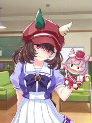  1girl absurdres animal_ears bow bowtie breasts brown_hair chair chalkboard closed_mouth collarbone ear_covers ears_through_headwear game_cg hair_between_eyes hand_puppet hat highres horse_ears horse_girl indoors large_breasts looking_at_viewer marche_lorraine_(umamusume) mismatched_ear_covers official_art pleated_skirt puffy_short_sleeves puffy_sleeves puppet purple_bow purple_bowtie purple_shirt sailor_collar sailor_shirt school_uniform shirt short_hair short_sleeves skirt smile solo tracen_school_uniform umamusume violet_eyes white_sailor_collar white_skirt 