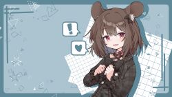  ! 1girl animal_ear_fluff animal_ears bell black_bow black_shirt bow brown_hair buttons commentary_request commission drop_shadow frilled_shirt_collar frilled_sleeves frills hair_bow hands_up heart highres long_sleeves looking_at_viewer neck_bell open_mouth original plaid_bow plaid_clothes plaid_shirt red_eyes shirt short_hair skeb_commission solo speech_bubble spoken_heart upper_body yadorii 