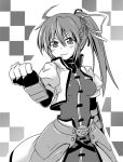  checkered checkered_background clenched_hand gloves hair_ribbon ichimi jacket lyrical_nanoha mahou_shoujo_lyrical_nanoha mahou_shoujo_lyrical_nanoha_a&#039;s mahou_shoujo_lyrical_nanoha_a's mahou_shoujo_lyrical_nanoha_strikers ponytail ribbon signum smirk solo 