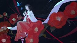  1girl absurdres artist_name black_background black_hair blue_butterfly bud bug butterfly camellia commentary_request floating_clothes floating_hair flower hakama hakama_pants highres inuyasha japanese_clothes kikyou_(inuyasha) long_hair long_sleeves miko nmttak pants red_flower red_hakama red_pants red_ribbon ribbon socks solo very_long_hair white_socks wide_sleeves 