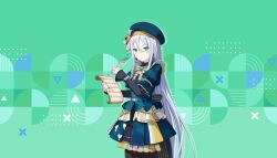  1girl akumu_no_niwa_wo_utai_akashite_(project_sekai) back_bow beret black_dress black_pantyhose blue_background blue_bow blue_dress blue_eyes blue_hat blue_nails bow bowtie breasts colorful_palette cowboy_shot dot_nose double-parted_bangs dress earrings facial_mark fingernails game_cg gem green_background green_bow green_bowtie hands_up hat heart heart_earrings heart_print highres holding holding_letter holding_quill jewelry juliet_sleeves layered_dress layered_sleeves letter long_hair long_sleeves looking_at_viewer melting_heart multicolored_dress musical_note musical_note_facial_mark nail_polish official_alternate_costume official_art pantyhose parted_lips pearl_(gemstone) project_sekai puffy_sleeves quill small_breasts solo striped_bow striped_clothes striped_dress third-party_source two-tone_background upper_body very_long_hair white_hair yellow_dress yoisaki_kanade 