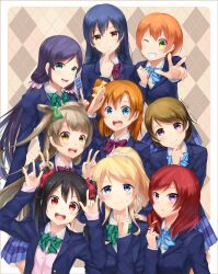  6+girls adjusting_hair aqua_eyes argyle_background artist_name ayase_eli black_hair blonde_hair blue_eyes blue_hair blue_jacket blue_ribbon blue_skirt bow brown_eyes brown_hair card commentary_request dated double_v green_bow green_ribbon hair_bow hair_ornament hair_scrunchie hoshizora_rin jacket koizumi_hanayo kosaka_honoka long_hair long_sleeves looking_at_viewer love_live! love_live!_school_idol_project low_twintails medium_hair minami_kotori multiple_girls neck_ribbon nico_nico_nii nishikino_maki one_eye_closed open_mouth orange_hair otonokizaka_school_uniform pink_sweater ponytail red_bow red_eyes red_hair red_ribbon ribbon school_uniform scrunchie shirt short_hair side_ponytail skirt smile sonoda_umi sweater tarot tarot_card tojo_nozomi tsuruki_noki twintails v violet_eyes white_shirt winter_uniform yazawa_nico yellow_bow 