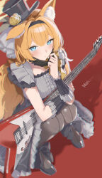  1girl absurdres animal_ear_fluff animal_ears black_hairband black_hat black_headband black_mask black_overskirt black_shoes blue_archive blue_eyes blush cat_ears closed_mouth commentary_request dress electric_guitar flower fluffy_hair grey_dress guitar hairband halo hand_up hat hat_flower headband highres holding holding_guitar holding_instrument idol idol_clothes instrument long_hair looking_at_viewer low_twintails mari_(blue_archive) mari_(idol)_(blue_archive) mask mask_pull mini_hat mini_top_hat mouth_mask official_alternate_costume orange_hair red_background rose shadow shoes solo squatting tamagore top_hat twintails yellow_flower yellow_halo yellow_rose 