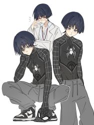  1boy abs adjusting_eyewear alternate_costume alternate_universe animal_print arm_between_legs arm_support arms_at_sides arrow_print baggy_pants bespectacled black_bodysuit black_hair black_mask black_shoes black_sleeves blunt_ends bodysuit cargo_shorts closed_mouth coat collared_shirt contemporary copyright_notice cosplay covered_collarbone drawstring elbow_on_thigh fingernails genshin_impact glasses grey_eyes grey_pants hand_on_own_face hand_up hands_in_pocket highres holding holding_mask holding_paper lab_coat lapels long_sleeves male_focus marvel mask multiple_views nike_(company) notice_lines open_clothes open_coat pants paper partially_unbuttoned red-framed_eyewear scaramouche_(genshin_impact) shirt shoes shorts slouching sneakers solo spider-man spider-man_(cosplay) spider-man_(series) spider_print spider_web_print squatting standing superhero_costume sweatdrop toned toned_male undershirt white_background white_coat white_shirt white_sleeves wispy_bangs ysnden 