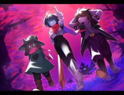  1boy 1girl 1other absurdres androgynous armor arms_behind_head black_bodysuit black_fur black_pants blue_skin bodysuit boots brown_boots cape card_kingdom_(deltarune) colored_skin commentary_request covered_eyes deltarune fang furry furry_female furry_male gloves highres holding holding_sword holding_weapon kris_(dark_world)_(deltarune) kris_(deltarune) letterboxed pants pink_scarf purple_pants purple_skin ralsei ralsei_(hat) scarf smile susie_(dark_world)_(deltarune) susie_(deltarune) sword the_fun_gang utdr_(toby_fox) walking weapon white_gloves yoshino_(q_sci) 