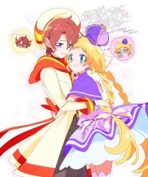  1boy 1girl arms_around_waist back_bow belt belt_buckle beret black_belt black_shirt blonde_hair blue_eyes blush bow bow_earrings bowtie braid bright_pupils brown_hair buckle capelet closed_mouth cowboy_shot cure_friendy deerstalker downturned_eyes dress dress_bow earrings eyelashes flustered flying_sweatdrops frilled_headwear full-face_blush gold_buckle grey_pants hair_between_eyes hair_bow happy hat hat_ornament head_only heads_together heart heart_background heart_hat_ornament height_difference hetero highres hug inukai_iroha jewelry layered_sleeves light_blush long_hair long_sleeves looking_at_viewer low_twin_braids magical_boy magical_girl mini_hat miniskirt open_mouth orange_bow orange_sailor_collar outline pants parted_bangs pink_bow pink_bowtie precure purple_bow purple_capelet purple_dress purple_hat robe sailor_collar serizawa_serizane shirt short_dress short_hair single_stripe skirt skirt_under_dress sleeve_cuffs smile spoken_character standing steam_from_ears striped_bow striped_bowtie striped_clothes tareme teeth thigh-highs toyama_satoru toyama_satoru_(magical_boy) turtleneck turtleneck_shirt twin_braids twitter_username very_long_hair violet_eyes watermark white_background white_bow white_hat white_outline white_pupils white_robe white_skirt white_thighhighs wonderful_precure! x_(symbol) zettai_ryouiki 