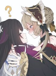  2girls ? bare_shoulders black_collar black_hair black_sleeves blue_eyes blush bonnet bow braid breasts brown_hair bun_with_braided_base closed_eyes closed_mouth collar columbina_(genshin_impact) commentary_request detached_collar detached_sleeves dress face-to-face genshin_impact gloves hair_bow hair_bun hair_flaps hair_ornament hair_ribbon hands_on_another's_shoulders head_wings headdress highres imminent_kiss long_hair long_sidelocks long_sleeves looking_at_another multicolored_hair multiple_girls multiple_wings purple_hair purple_streaks ribbon sa8yo_o sandrone_(genshin_impact) short_hair short_hair_with_long_locks sidelocks simple_background smile streaked_hair trembling two-tone_hair very_long_hair white_background white_dress white_gloves white_headdress white_wings wing_hair_ornament wings yuri 