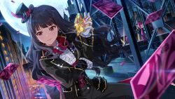  2girls black_hat black_jacket black_pants blurry blurry_foreground card card_commentary city closed_mouth commentary_request full_moon game_cg glint gloves hat hat_feather holding holding_jewelry idolmaster idolmaster_(classic) idolmaster_million_live! idolmaster_million_live!_theater_days jacket jewelry kitakami_reika lips long_hair moon multiple_girls night official_alternate_costume official_alternate_hair_color official_art outdoors pants peeking_out pink_eyes pink_hair shijou_takane steel_beam third-party_source top_hat white_gloves 