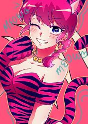  1girl animal_ears animal_hands animal_print blue_eyes english_commentary english_text eyeshadow garnel_(letsgotomato11) makeup one_eye_closed pink_background pink_eyeshadow pink_fur pink_hair ranma-chan ranma_1/2 solo striped_fur striped_hair striped_tail tail tiger_ears tiger_girl tiger_paws tiger_print tiger_stripes tiger_tail 