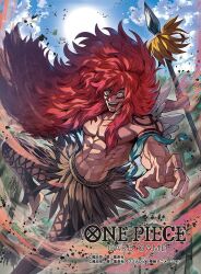  1boy abs arm_tattoo calgara commentary_request copyright_name cross-laced_pants facial_tattoo hair_between_eyes holding holding_weapon incoming_attack light_particles long_hair looking_at_viewer male_focus moreshan official_art one_piece one_piece_card_game outdoors pants red_hair solo sun tattoo topless_male very_long_hair weapon 