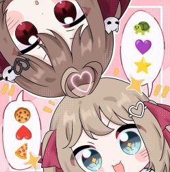  +_+ 2girls :3 :d :o ahoge ben-day_dots blue_eyes blush border broken_heart broken_heart_hair_ornament brown_hair chibi chibi_only chocolate_chip_cookie cookie evil_neuro-sama food hair_between_eyes hair_ornament hair_ribbon heads_together heart heart_emoji heart_hair_ornament highres inset_border long_hair multiple_girls neuro-sama notice_lines outline pink_background pizza red_eyes red_ribbon ribbon screentones siblings sisters skull_hair_ornament smile sparkle speech_bubble spoken_emoji star_(symbol) turtle twins two_side_up v-shaped_eyebrows vedal_ai virtual_youtuber white_border white_outline xhr6rzixjif1b1z 
