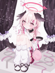  1girl absurdres bag bare_legs black_collar black_ribbon black_shoes black_wings blue_archive blush bow box charm_(object) closed_mouth collar colored_shoe_soles commentary_request convenient_leg cross-laced_clothes cross-laced_sleeves curtains double-parted_bangs feathered_wings flower frilled_curtains frills frown full_body grey_ribbon hair_between_eyes hair_bow hair_ornament hairclip halftone halo hands_on_own_knees head_wings heart highres kneehighs knees_up koharu_(blue_archive) long_hair loose_socks low_block_heels low_wings miniskirt multicolored_shoes nervous nervous_sweating on_box pale_skin petite pink_bag pink_bow pink_eyes pink_hair pink_halo pink_ribbon pink_skirt plaid_clothes plaid_skirt platform_shoes pleated_skirt polka_dot polka_dot_background pom_pom_(clothes) purple_flower raised_inner_eyebrows ribbon ringed_eyes shirt shoelaces shoes shoulder_bag sidelocks simple_background single_bare_shoulder single_off_shoulder sitting sitting_on_box skirt socks solo star_(symbol) sweat three-quarter_sleeves tsurime two-tone_shoes white_background white_shirt white_shoes white_socks wide_sleeves wings yuyuyu_m5 
