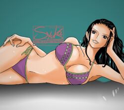  1girl bikini black_hair blue_background breasts eyelashes hair_slicked_back hashtag-only_commentary head_rest lying navel nico_robin on_side one_piece one_syuka purple_bikini sideboob smile solo swimsuit under_boob watermark white_nails 
