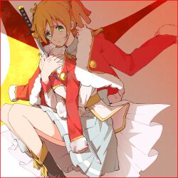  1girl belt black_boots blonde_hair boots border closed_mouth commentary_request crossed_wrists daiba_nana feet_out_of_frame fur-trimmed_jacket fur_trim green_eyes green_ribbon hair_between_eyes hair_ribbon hands_up highres holding holding_unworn_clothes holding_unworn_jacket hugging_object jacket jacket_on_shoulders katana knees_up light_frown long_sleeves looking_at_viewer miniskirt pleated_skirt red_border red_jacket ribbon sawara65 shadow short_hair shoujo_kageki_revue_starlight single_horizontal_stripe skirt solo star_(symbol) star_symbol_background sword two_side_up unworn_jacket waist_cape weapon white_jacket yellow_belt yellow_trim 