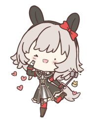  1girl animal_ears bare_shoulders blush boots bow breasts brown_boots cellphone chibi coat curren_chan_(fille_eclair)_(umamusume) curren_chan_(umamusume) dress ear_bow ear_covers emoji gloves grey_hair heart highres holding horse_ears horse_girl horse_tail long_sleeves looking_at_viewer off-shoulder_coat off-shoulder_dress off-shoulder_jacket off_shoulder one_eye_closed open_mouth phone red_bow red_thighhighs selfie_stick short_hair simple_background smartphone smile solo standing standing_on_one_leg striped_clothes striped_dress tail thigh-highs ukichan22905846 umamusume v vertical-striped_clothes vertical-striped_dress white_gloves 