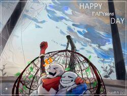  >_< 2019 2boys 2d arm_behind_head arm_up armor artist_name blue_jacket brothers cape closed_eyes commentary dated digital_media duo english_commentary english_text from_below gloves grey_hood hand_on_another's_shoulder hollow_eyes hood hood_down hooded_jacket humanoid inset_border jacket leaf male male_focus male_only monster monster_boy multiple_boys one_eye_closed open_clothes open_jacket papyrus_(undertale) red_cape red_gloves sans_(undertale) shirt siblings skeleton sky sparkle teeth text undead undertale upper_body utdr_(toby_fox) veah3 vines white_armor white_shirt xd 