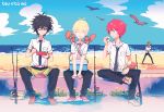  akira_agarkar_yamada beach bird blonde_hair cloud clouds duck fishing_rod glasses haru_(tsuritama) male multiple_boys necktie ocean open_mouth red_hair redhead sanada_yuki school_uniform short_hair sky squirrel tapioka tsuritama turban usami_natsuki wazuka_(wzzc) 