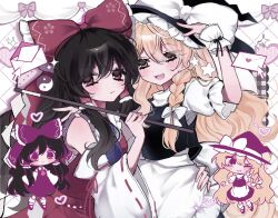  2girls apron ascot bare_shoulders black_ribbon black_shoes black_skirt black_vest blonde_hair blue_ascot bow braid brown_hair detached_sleeves envelope frilled_bow frilled_hair_tubes frilled_hat frills gohei hair_bow hair_tubes hakurei_reimu hat hat_bow hat_ribbon heart highres holding holding_gohei kirisame_marisa letter love_letter multiple_girls nagomi_(nagomi_12) red_bow red_eyes red_shirt red_skirt ribbon ribbon-trimmed_sleeves ribbon_trim shirt shoes side_braid single_braid skirt skirt_set sleeveless sleeveless_shirt smile socks star_(symbol) touhou turtleneck vest waist_apron white_bow white_ribbon white_shirt white_socks white_wrist_cuffs witch_hat wrist_cuffs yellow_ascot yellow_eyes yin_yang 