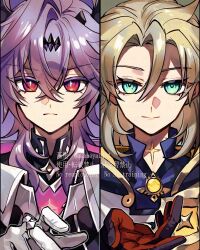  2boys akaneya_(akaneya1484) albedo_(genshin_impact) aqua_eyes artist_name black_capelet black_gloves black_horns black_shirt blonde_hair blue_shirt brown_gloves capelet closed_mouth coat collared_capelet collared_shirt colored_eyelashes column_lineup crossed_bangs dragon_horns durin_(genshin_impact) frown genshin_impact gloves gold_trim green_background hair_between_eyes hand_up hood hood_down hooded_coat horns looking_at_viewer male_focus medium_hair multicolored_gloves multiple_boys parted_bangs purple_background purple_hair red_eyes shirt single_hair_intake smile twitter_username two-tone_gloves upper_body v-shaped_eyebrows vision_(genshin_impact) watermark white_coat white_gloves 