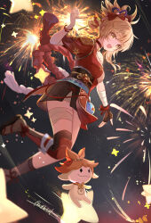  1girl aerial_fireworks aranara_(genshin_impact) asymmetrical_legwear bandaged_arm bandaged_leg bandages black_gloves black_socks black_thighhighs blonde_hair bracelet chest_tattoo chinese_commentary choker commentary_request fingerless_gloves fireworks genshin_impact gloves hadanugi_dousa hand_up highres issign japanese_clothes jewelry kimono kneehighs long_hair looking_at_viewer night obi obijime open_mouth orange_kimono ponytail red_choker rope sandals sash shimenawa single_bare_shoulder single_fingerless_glove sky smile socks solo sparkle star_(sky) starry_sky tattoo teeth thigh-highs uneven_legwear upper_teeth_only vision_(genshin_impact) yellow_eyes yoimiya_(genshin_impact) zouri 