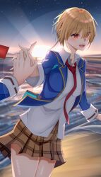  2girls absurdres beach brown_hair commentary_request heaven_burns_red highres hiiro_amekawa holding_hands izumi_yuki_(heaven_burns_red) kayamori_ruka multiple_girls necktie red_eyes red_necktie school_uniform short_hair 