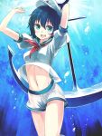  :d anchor blue_eyes blue_hair hat highres ibuki_notsu looking_at_viewer midriff mound_of_venus murasa_minamitsu navel notsugimi open_mouth sailor sailor_hat shorts smile solo touhou water 