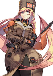  1girl black_gloves black_pantyhose blonde_hair blue_eyes brown_coat coat fingerless_gloves fur_hat gloves guilty_gear guilty_gear_strive hankuri hat long_hair long_sleeves looking_at_viewer millia_rage pantyhose prehensile_hair simple_background solo white_background 