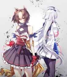  2girls absurdres ahoge animal_ears bare_shoulders black_pantyhose black_skirt blue_sailor_collar blue_skirt breasts brown_eyes brown_hair chinese_commentary cleavage_cutout clenched_hand closed_mouth clothing_cutout commentary detached_sleeves ear_ornament gloves grey_hair grey_tail hair_between_eyes hair_ornament hairband highres horse_ears horse_girl horse_tail jacket long_hair long_sleeves multicolored_hair multiple_girls oguri_cap_(starlight_beat)_(umamusume) oguri_cap_(umamusume) pantyhose pinwheel pinwheel_hair_ornament red_gloves sailor_collar sash shirt short_hair skirt sleeveless streaked_hair string string_of_fate tail tuwu_(user_yvte3782) umamusume umamusume:_cinderella_gray white_hair white_jacket yaeno_muteki_(attack_of_the_four_white_meteors)_(umamusume) yaeno_muteki_(umamusume) yuri 