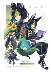  1boy animal_ear_fluff animal_ears artist_name asymmetrical_sleeves black_gloves black_hair black_pants black_shirt blue_boots blunt_ends bob_cut book boots bright_pupils brown_eyes brown_gloves bug butterfly cape capri_pants character_name chibi closed_mouth commentary_request drawstring earrings english_text flower fox_boy fox_ears fox_tail fungi_(genshin_impact) genshin_impact gloves gold_earrings green_cape green_eyes green_hair grin hair_between_eyes hands_up highres holding holding_book holding_quill hood hood_down hoodie jewelry lace-up_boots leaf long_sleeves looking_at_viewer male_focus mugi_(kyom_ugi) multicolored_eyes multicolored_gloves multicolored_hair multicolored_hoodie multicolored_pants multiple_views open_book pants parted_lips pouch purple_sash quill rope sash shirt short_hair short_sleeves simple_background single_earring sitting smile standing streaked_hair tail tassel tighnari_(genshin_impact) turtleneck twitter_username two-tone_eyes two-tone_gloves uneven_sleeves upper_body vision_(genshin_impact) watermark white_background white_pupils yellow_flower 