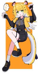  1girl animal_ears black_gloves black_shoes blonde_hair blush colored_inner_hair commentary fingerless_gloves gloves green_eyes grey_shirt highres jacket ju_fufu long_hair looking_at_viewer multicolored_hair orange_background shirt shoes socks solo tail tiger_ears tiger_girl tiger_tail two-tone_background two-tone_hair white_background white_hair white_socks yellow_jacket yuntaro_(ramen_star) zenless_zone_zero 